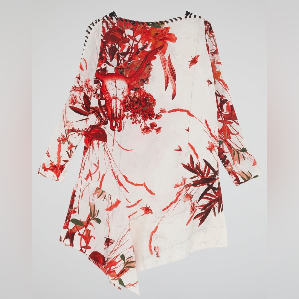 JUST CAVALLI Printed Side Lace Asymmetrical Dress in Red White Black Sz. Small